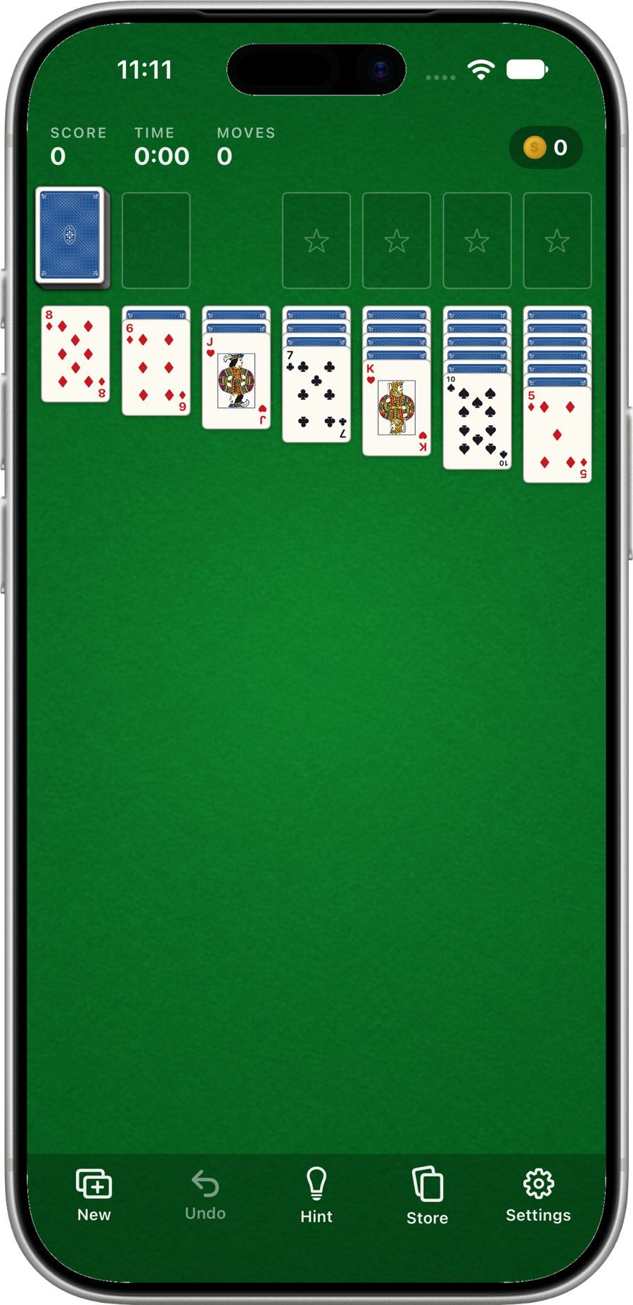 iPhone showing a fresh Klondike deal on green felt: seven columns of cards, the stock in the corner, four empty foundations.